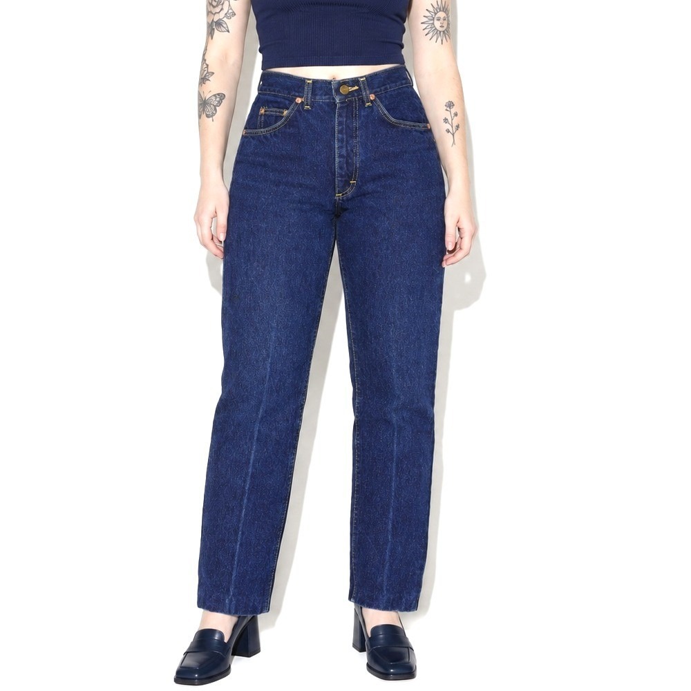 70s Vintage Dark Wash Straight Leg Jeans Women 00 Blue High Waist Made in USA